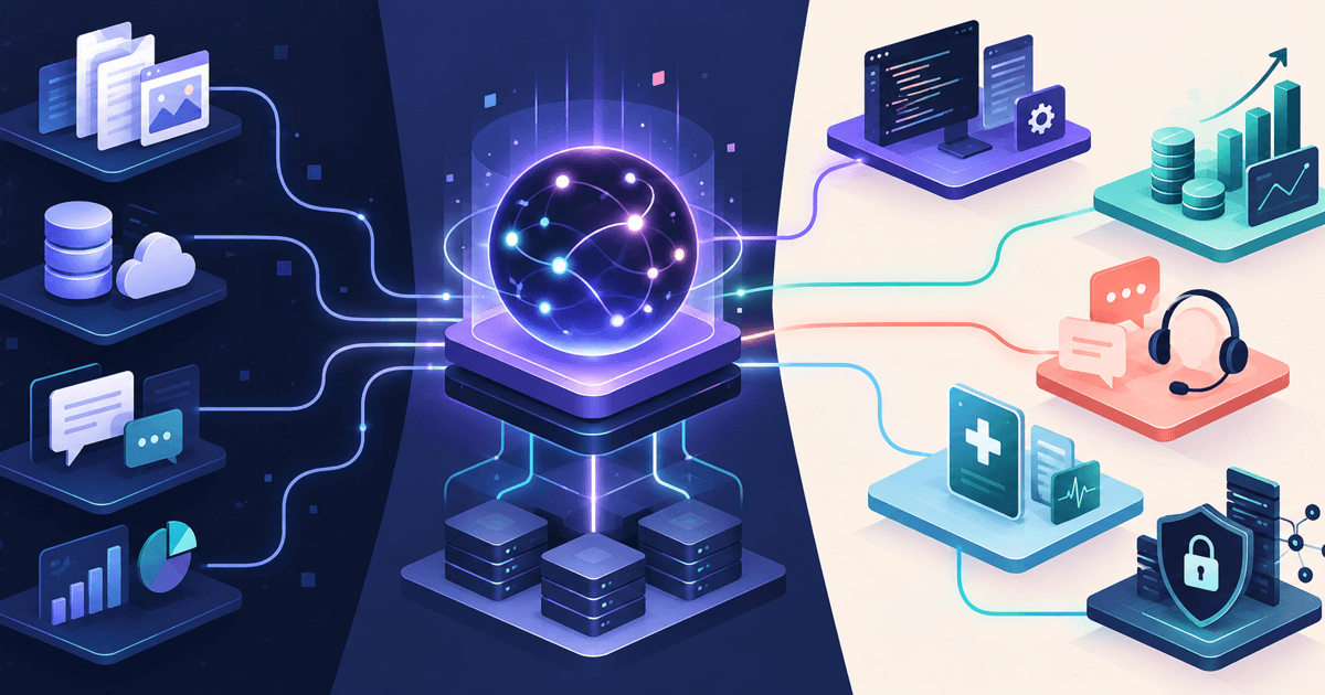 A market map of AI agents coordinating tools and data across software, finance, customer support, healthcare, and security workflows