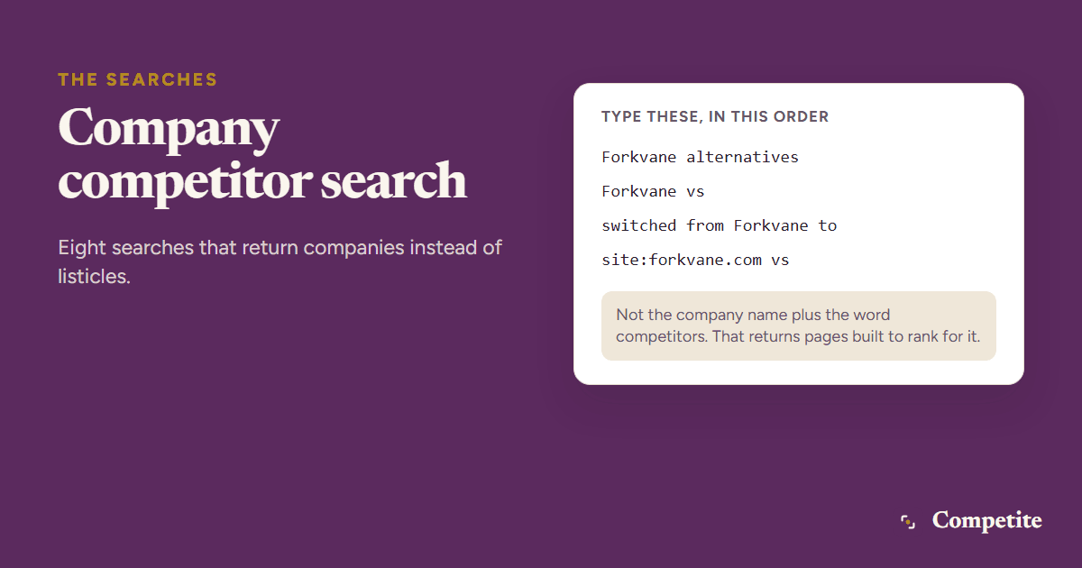 Eight searches for finding a company competitors, each paired with the kind of result it returns, from alternatives pages and review site listings to forum threads naming a switch