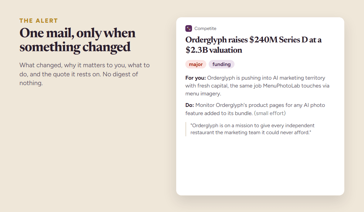 A competitor alert email showing a funding headline, a major badge, a For you paragraph, a Do paragraph with an effort estimate, and the quoted source sentence