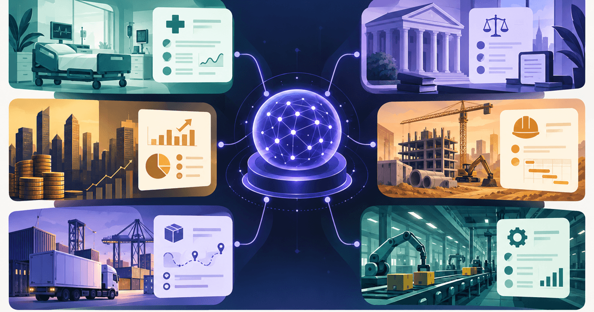 A vertical AI market map connecting a central intelligence layer to healthcare, legal, finance, construction, logistics, and manufacturing workflows