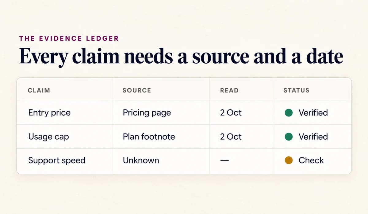 A direct competitor comparison evidence ledger with columns for claim, source, date read, and verification status, including verified pricing and an unknown support-speed claim