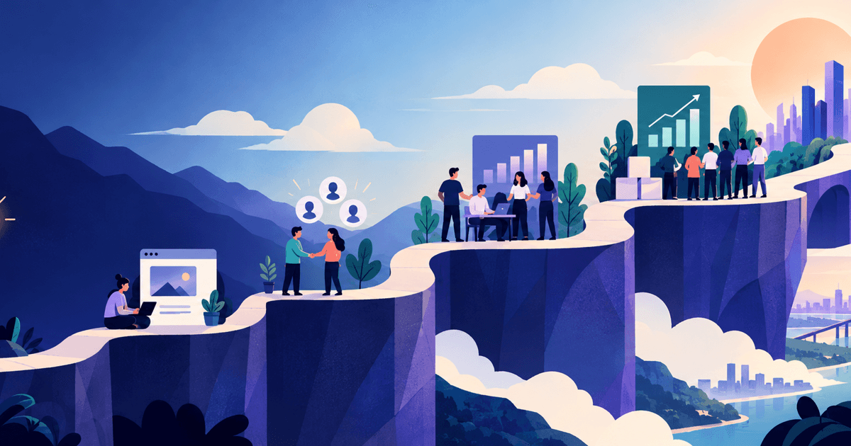 A startup progressing from an idea and first product through customer traction, team growth, repeatable revenue, and large-scale expansion